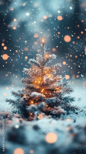 A beautifully lit Christmas tree surrounded by snow during a winter evening a...