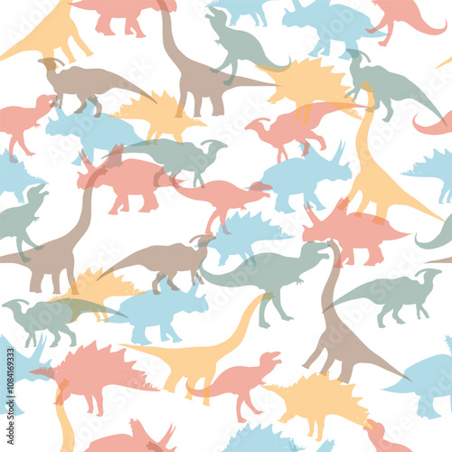 Seamless illustrated pattern with prehistoric transparent dinosaurus on white background