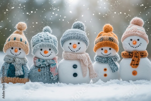 Cheerful snowmen wearing colorful hats and scarves enjoy a snowy day in a win...