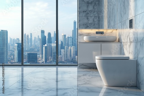 Modern bathroom with city view highlighting sleek toilet design and marble el...