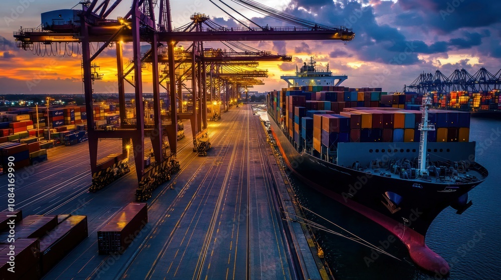 Obraz premium Cargo Ship Docked at a Container Port During Sunset