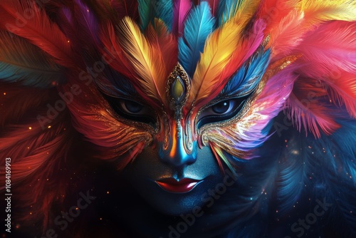 Colorful carnival mask adorned with feathers and intricate designs displayed ...