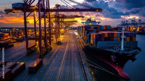 Cargo Ship Docked at a Container Port During Sunset photo