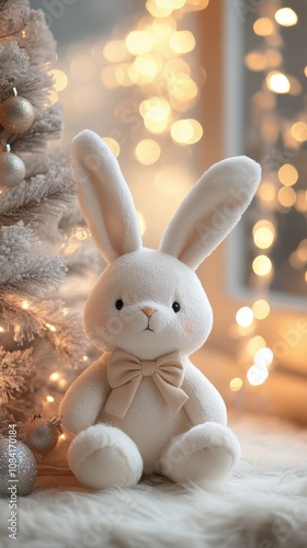 Soft white bunny plush toy sitting beside a decorated Christmas tree with glo...