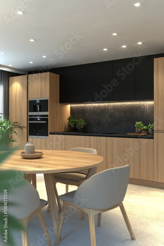 Modern kitchen interior with wooden accents and minimalist design featuring a...