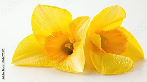  Two yellow daffodils with water drops on a white background