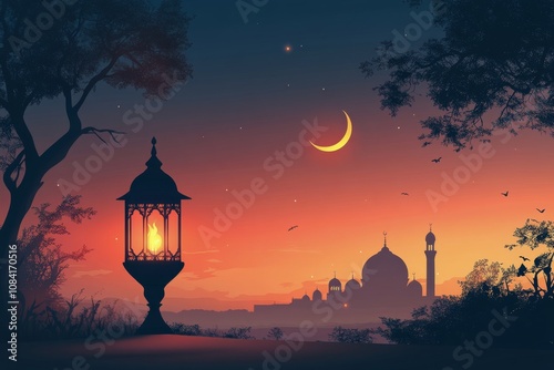 A serene evening view of a crescent moon over a city with prominent domed str...