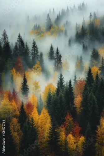 Autumn foliage in vibrant colors over a misty forest landscape in early morni...