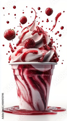 Delicious strawberry ice cream sundae with whipped cream and raspberry sauce ...