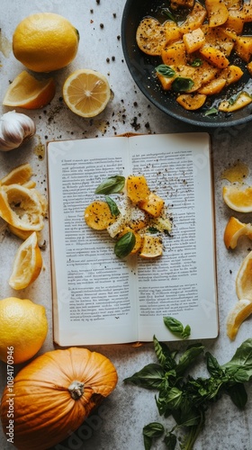 Cooking a fresh vegetable dish with herbs and citrus in a cozy kitchen setting