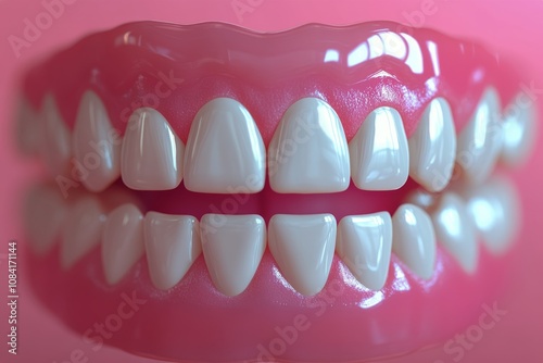 Detailed view of realistic dental model showcasing healthy teeth against a pi...