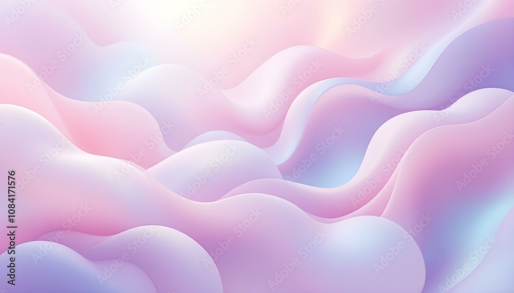 Obraz premium 3D render of an abstract background with wavy paper elements in pastel colors, featuring soft lighting and a blue and pink gradient. Abstract background with wavy lines in pink, white and gray shades