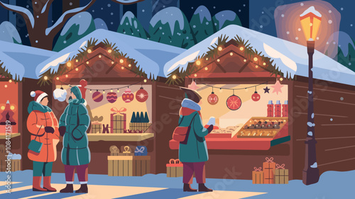 A festive outdoor market with cozy wooden stalls decorated with string lights and garlands, selling ornaments, food, and gifts.