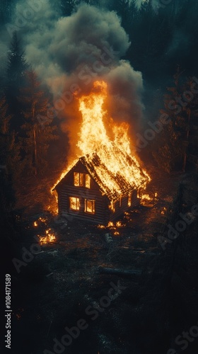 House engulfed in flames near water at night during a forest fire in a reside...