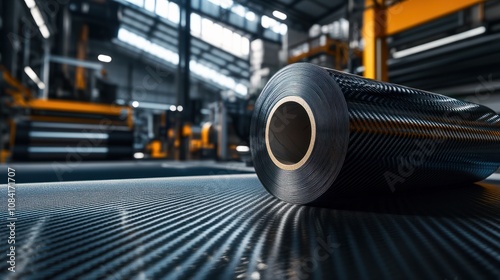 Carbon fiber roll is resting on a carbon fiber sheet in a factory photo