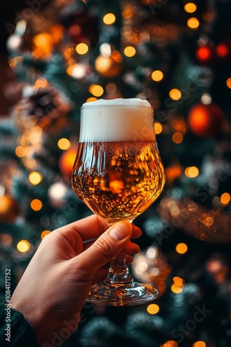 Festive gathering captures a hand holding a cold beer with sparkling decorati...