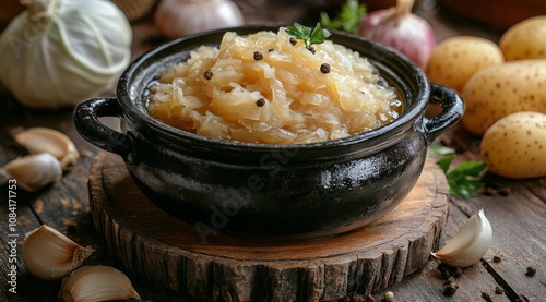 Delicious homemade sauerkraut with garlic and potatoes on a rustic wooden table