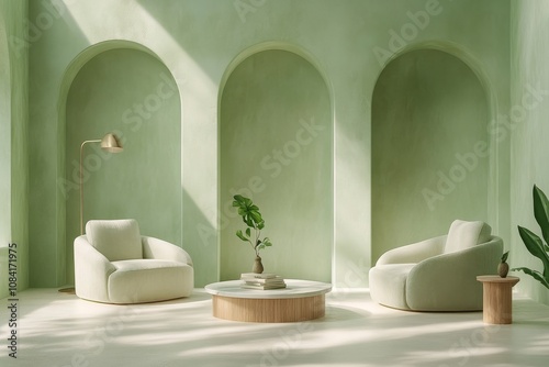 Cozy living room with modern furniture and green curved walls during sunny da...