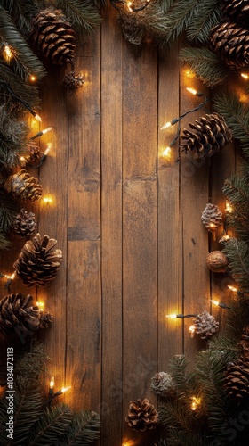 Festive arrangement of pine cones and warm lights on rustic wooden surface du...