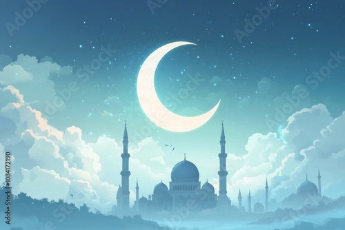 A serene crescent moon over a majestic mosque surrounded by fluffy clouds at ...