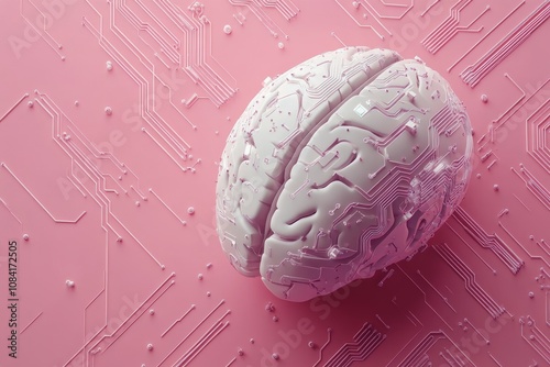 Conceptual representation of a brain with circuit patterns on a pink background