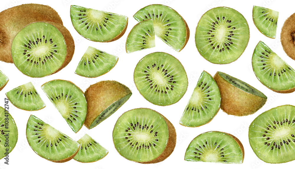 Fototapeta premium Horizontal seamless pattern with watercolor hand drawn kiwi fruit parts isolated on white background