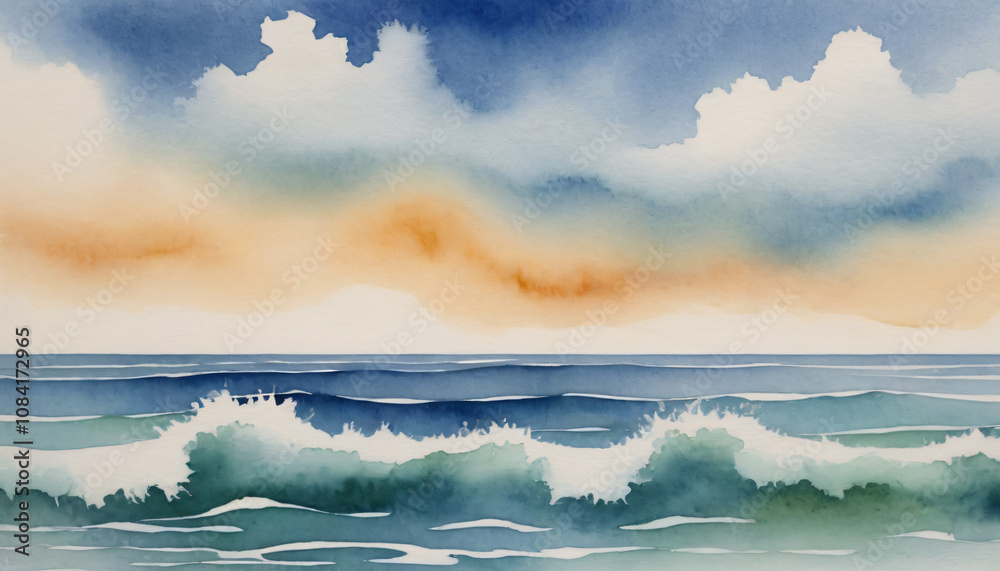 Obraz premium Abstract ocean waves under cloudy sky, calming colors, watercolor style, copy space