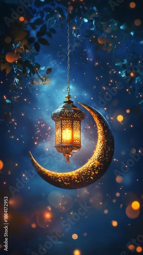 Beautiful illuminated lantern hanging from a decorative crescent moon in a st...
