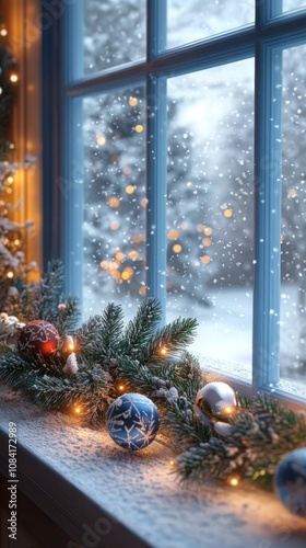 Decorative window display with blue and gold ornaments during a snowy winter ...