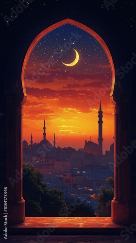 A breathtaking sunset view from an archway with a crescent moon over a histor...