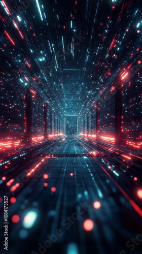 A futuristic digital tunnel filled with bright red and blue light effects at ...
