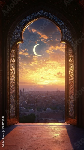 A breathtaking sunset view from an archway with a crescent moon over a histor...