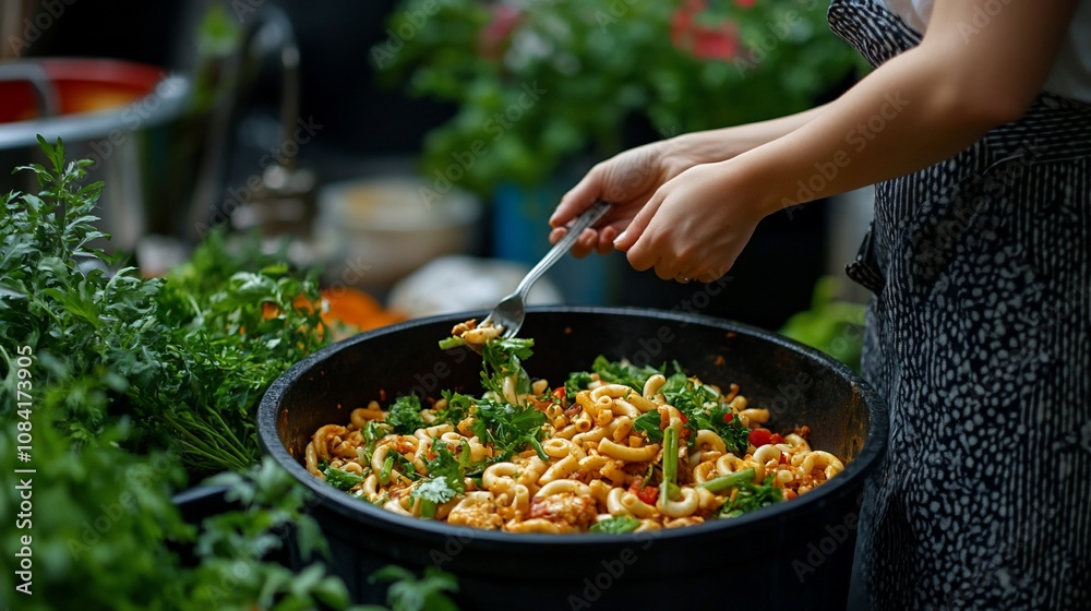 Obraz premium Close-up of hands serving pasta salad from a large black bowl.