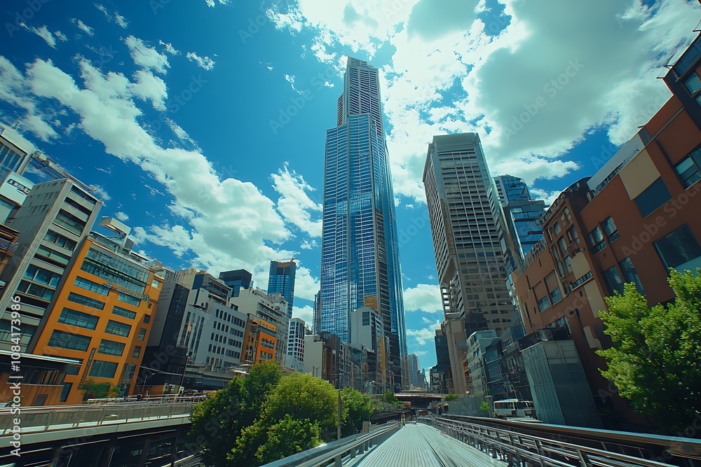Fototapeta premium Elevated Walkway View of City Skyline with Anonymous People
