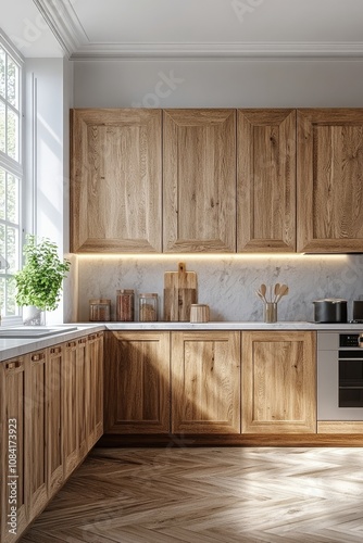 Cozy wooden kitchen with natural light, herbs, and fresh fruits arranged on t...