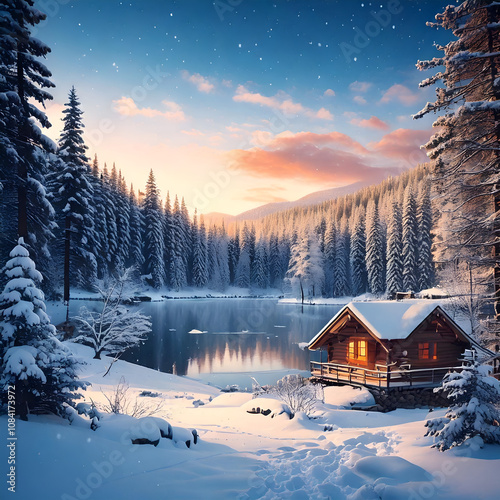 Winter Landscape with Snow-Covered House – Serene Illustration of a Cozy Cottage in a Peaceful Snowy Scene, Capturing the Beauty of Winter Nature and Seasonal Tranquility