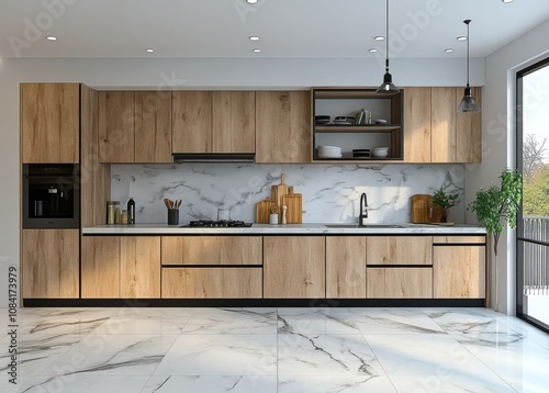 Confident man in a modern kitchen with wooden accents during daylight hours