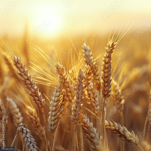 Golden wheat field swaying gently in the breeze during sunset in a rural area