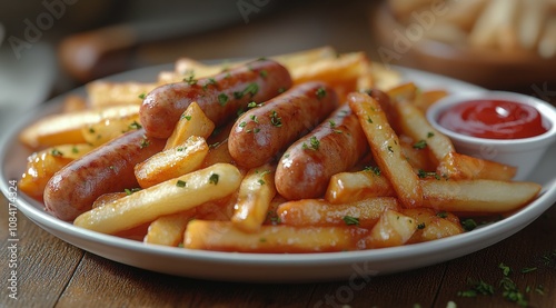 Delicious plate of sausages served with golden fries and ketchup on a wooden ...
