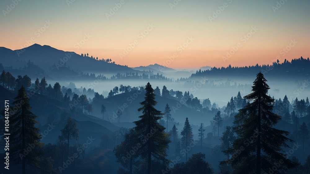 Obraz premium A stunning image of a mountain range with tree-filled foregrounds and a hazy sky in the background