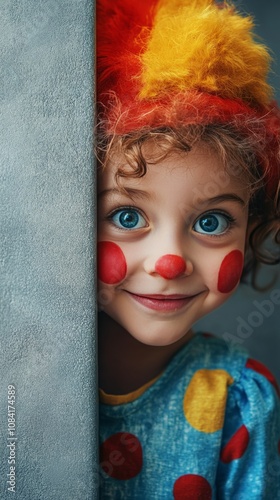 A young child with curly hair smiles playfully while dressed as a clown near ...