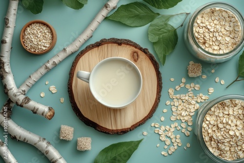 Oat milk served in a ceramic cup on a wooden surface surrounded by oats and g...