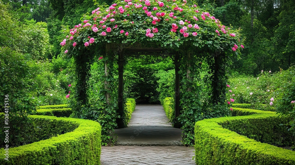 Obraz premium Gazebo with ivy-covered roof, in a rose garden with neatly trimmed bushes 