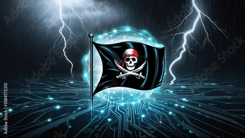 Cyber Pirate Flag: Sci-Fi Network Storm with Futuristic Tech Aesthetic, Darknet