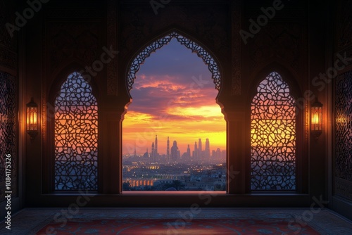 Beautiful sunset viewed through ornate windows overlooking a historic citysca...