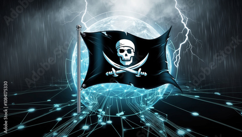 Cyber Pirate Flag: Sci-Fi Network Storm with Futuristic Tech Aesthetic, Darknet