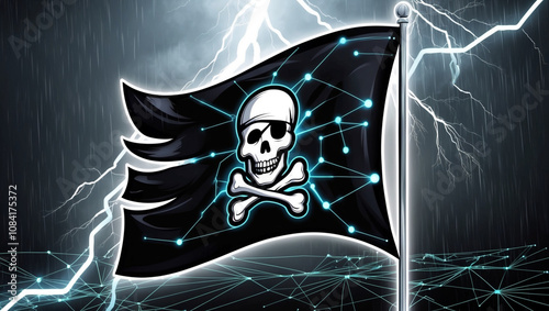 Cyber Pirate Flag: Sci-Fi Network Storm with Futuristic Tech Aesthetic, Darknet