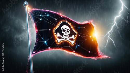 Cyber Pirate Flag: Sci-Fi Network Storm with Futuristic Tech Aesthetic, Darknet