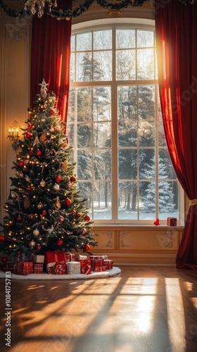 A beautifully decorated Christmas tree shines in a cozy room with sunlight st...