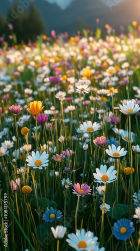 Daisies blooming in a vibrant meadow during sunset in a serene countryside se...